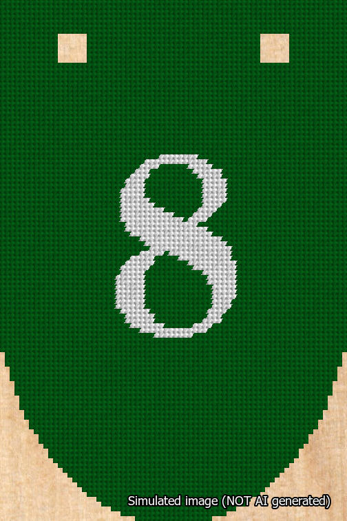 A simulated image of the stitched needlepoint design: Banner 18m Rounded 8 White on Green. Not A.I. generated.