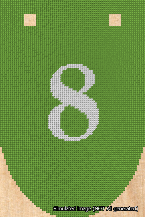 A simulated image of the stitched needlepoint design: Banner 18m Rounded 8 White on Light Green. Not A.I. generated.