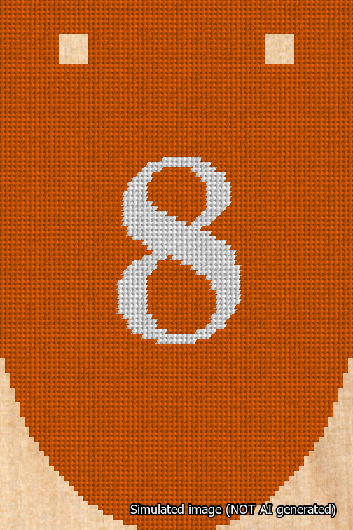A simulated image of the stitched needlepoint design: Banner 18m Rounded 8 White on Orange. Not A.I. generated.