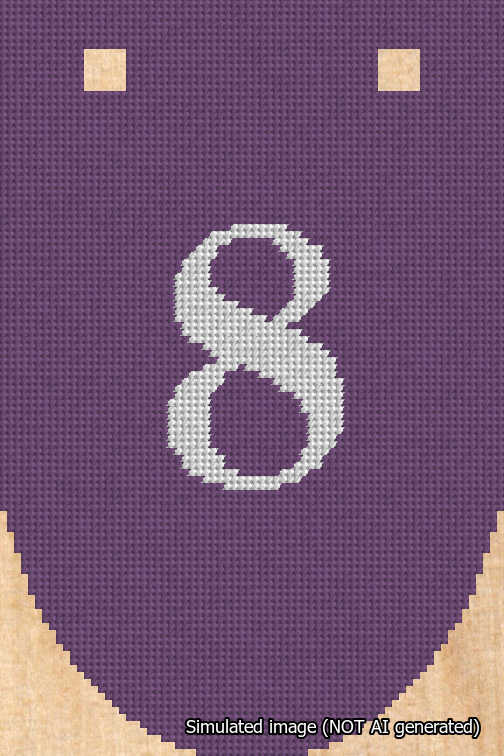 A simulated image of the stitched needlepoint design: Banner 18m Rounded 8 White on Purple. Not A.I. generated.