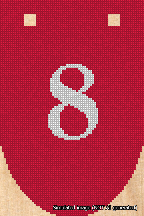 A simulated image of the stitched needlepoint design: Banner 18m Rounded 8 White on Red. Not A.I. generated.