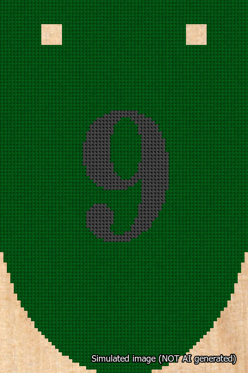 A simulated image of the stitched needlepoint design: Banner 18m Rounded 9 Black on Green. Not A.I. generated.