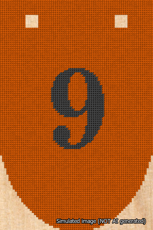 A simulated image of the stitched needlepoint design: Banner 18m Rounded 9 Black on Orange. Not A.I. generated.