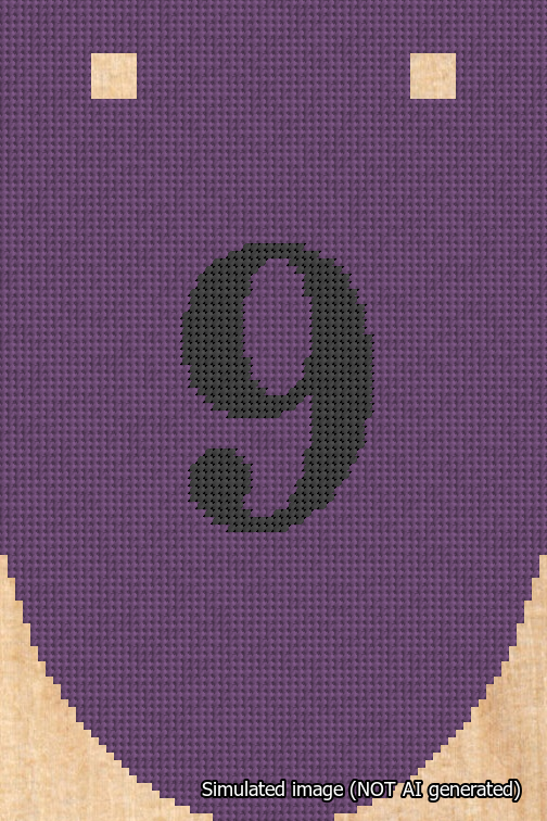 A simulated image of the stitched needlepoint design: Banner 18m Rounded 9 Black on Purple. Not A.I. generated.