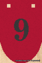 A simulated image of the stitched needlepoint design: Banner 18m Rounded 9 Black on Red. Not A.I. generated.