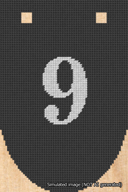 A simulated image of the stitched needlepoint design: Banner 18m Rounded 9 White on Black. Not A.I. generated.