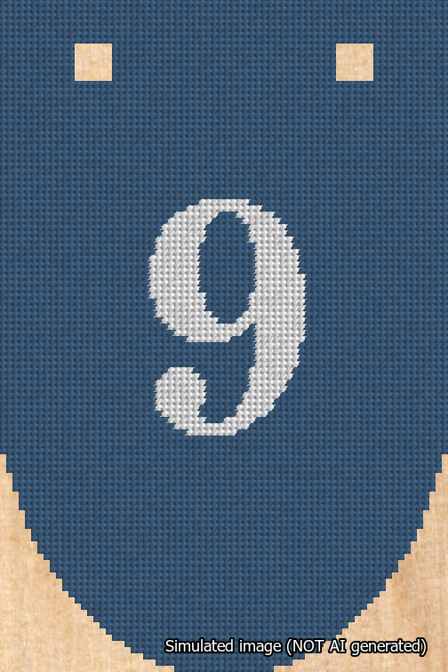 A simulated image of the stitched needlepoint design: Banner 18m Rounded 9 White on Blue. Not A.I. generated.