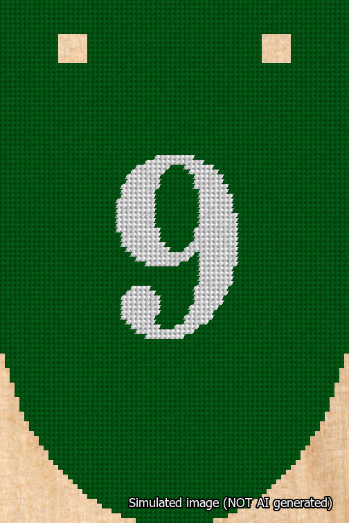 A simulated image of the stitched needlepoint design: Banner 18m Rounded 9 White on Green. Not A.I. generated.
