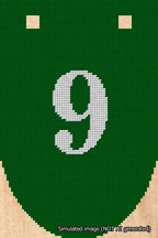 A simulated image of the stitched needlepoint design: Banner 18m Rounded 9 White on Green. Not A.I. generated.