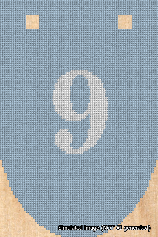 A simulated image of the stitched needlepoint design: Banner 18m Rounded 9 White on Light Blue. Not A.I. generated.