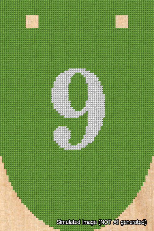 A simulated image of the stitched needlepoint design: Banner 18m Rounded 9 White on Light Green. Not A.I. generated.