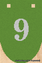 A simulated image of the stitched needlepoint design: Banner 18m Rounded 9 White on Light Green. Not A.I. generated.