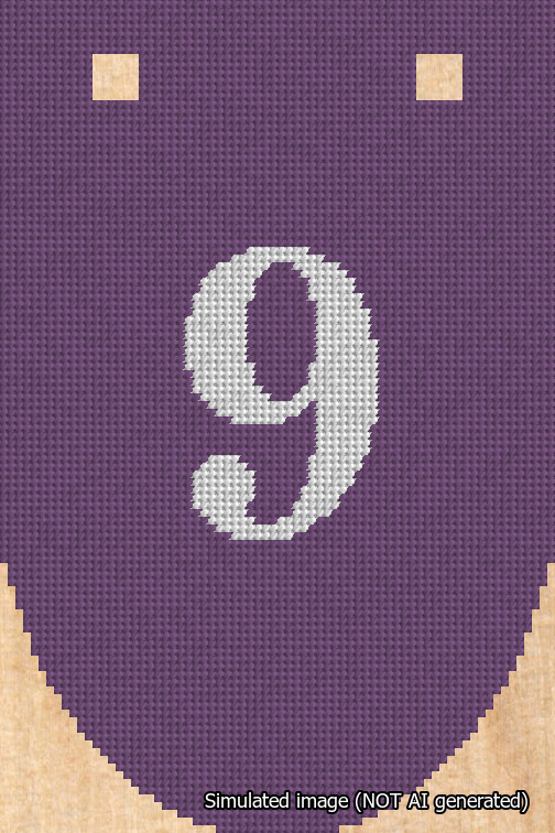 A simulated image of the stitched needlepoint design: Banner 18m Rounded 9 White on Purple. Not A.I. generated.