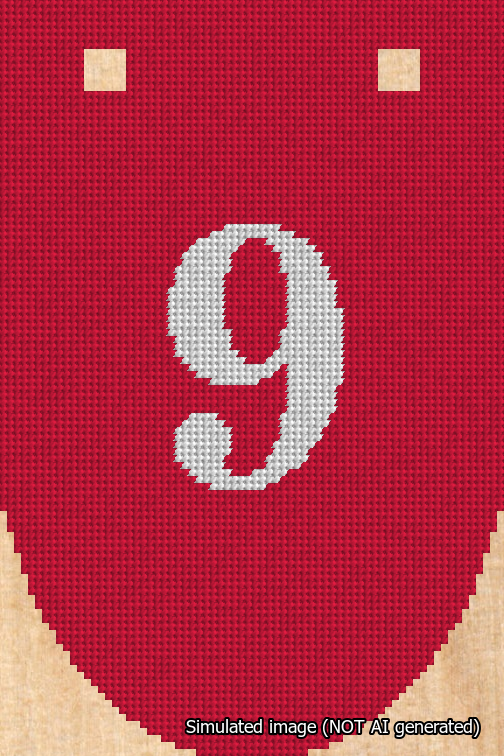 A simulated image of the stitched needlepoint design: Banner 18m Rounded 9 White on Red. Not A.I. generated.
