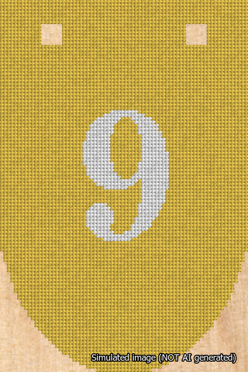 A simulated image of the stitched needlepoint design: Banner 18m Rounded 9 White on Yellow. Not A.I. generated.