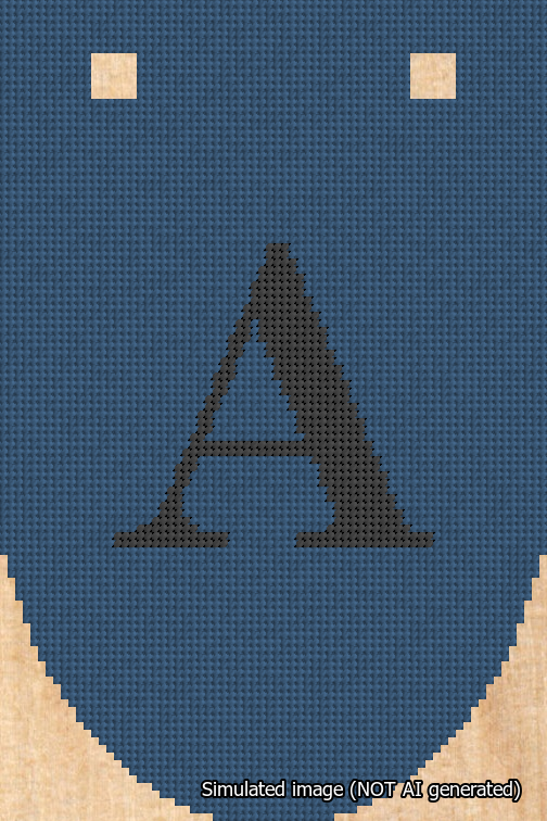 A simulated image of the stitched needlepoint design: Banner 18m Rounded A Black on Blue. Not A.I. generated.