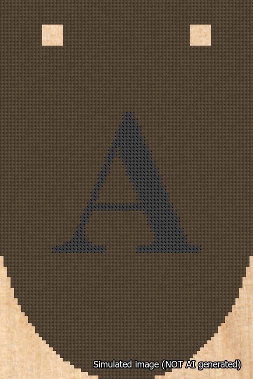 A simulated image of the stitched needlepoint design: Banner 18m Rounded A Black on Brown. Not A.I. generated.