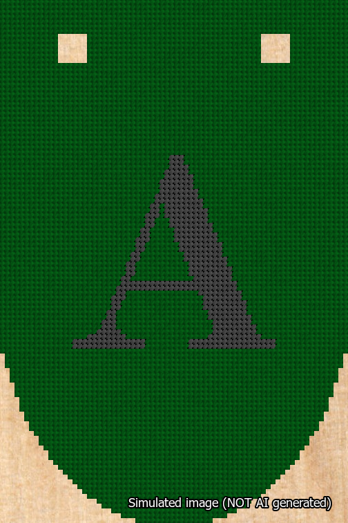 A simulated image of the stitched needlepoint design: Banner 18m Rounded A Black on Green. Not A.I. generated.