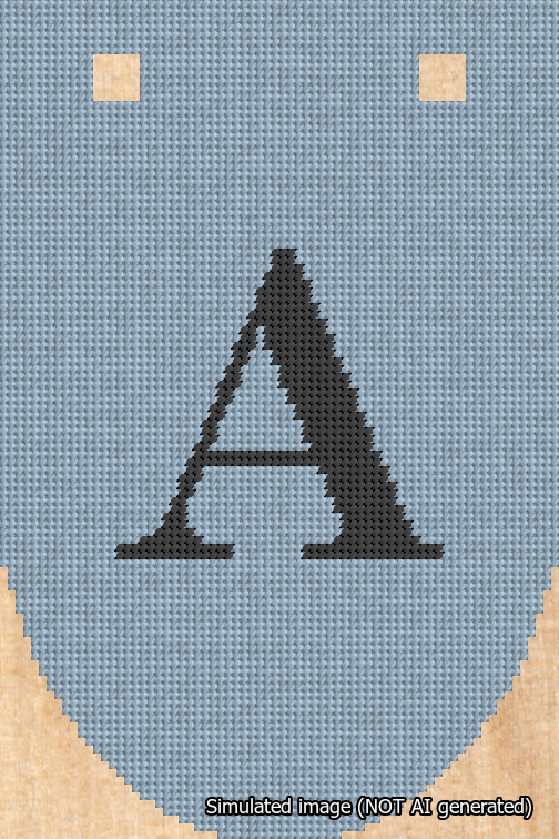 A simulated image of the stitched needlepoint design: Banner 18m Rounded A Black on Light Blue. Not A.I. generated.