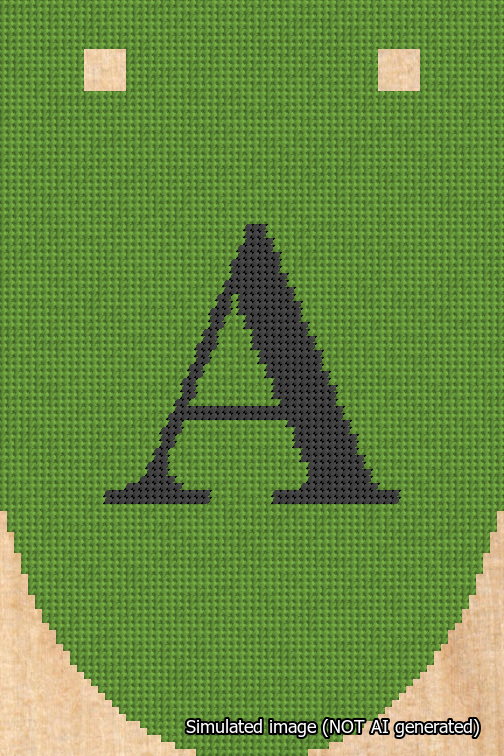 A simulated image of the stitched needlepoint design: Banner 18m Rounded A Black on Light Green. Not A.I. generated.