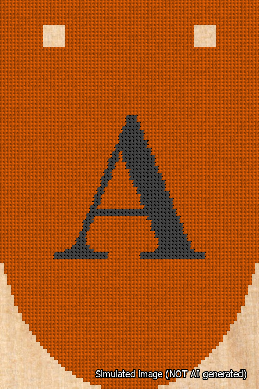 A simulated image of the stitched needlepoint design: Banner 18m Rounded A Black on Orange. Not A.I. generated.