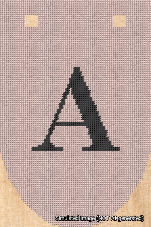A simulated image of the stitched needlepoint design: Banner 18m Rounded A Black on Pink. Not A.I. generated.
