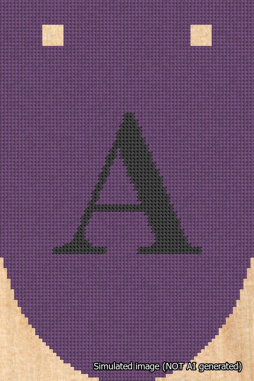 A simulated image of the stitched needlepoint design: Banner 18m Rounded A Black on Purple. Not A.I. generated.