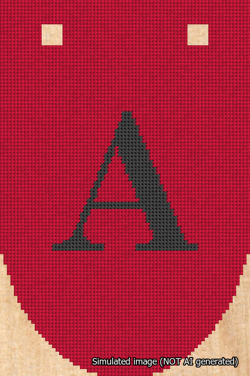 A simulated image of the stitched needlepoint design: Banner 18m Rounded A Black on Red. Not A.I. generated.
