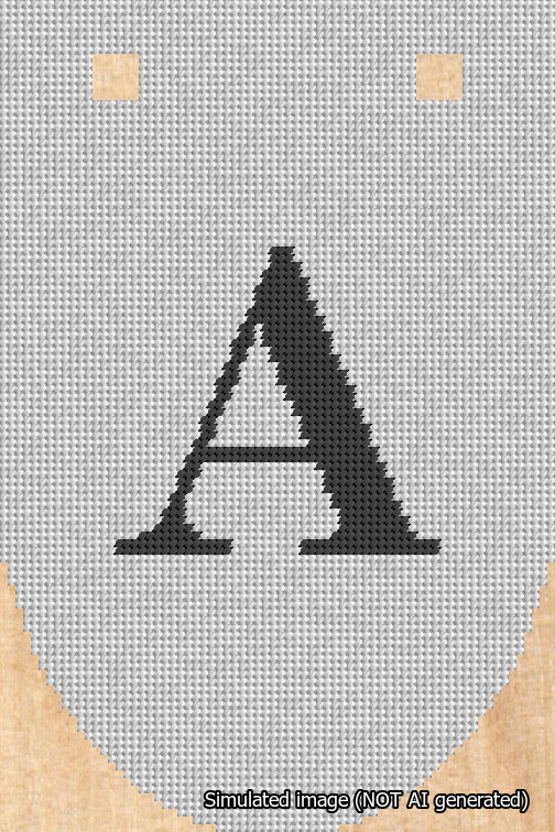 A simulated image of the stitched needlepoint design: Banner 18m Rounded A Black on White. Not A.I. generated.