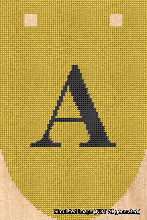 A simulated image of the stitched needlepoint design: Banner 18m Rounded A Black on Yellow. Not A.I. generated.