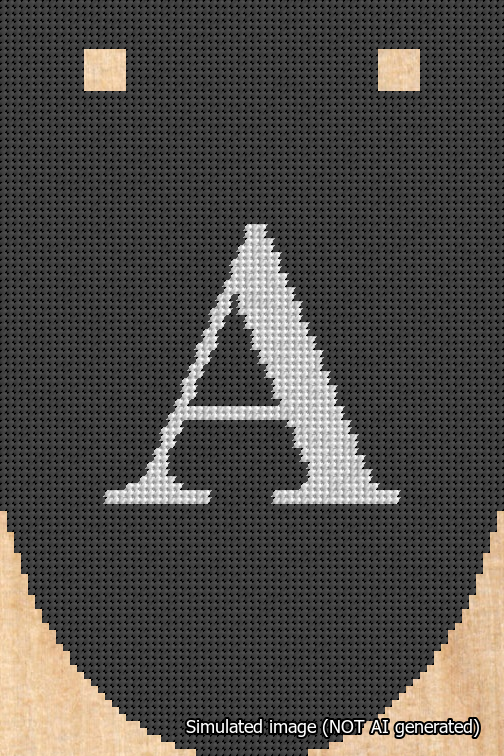 A simulated image of the stitched needlepoint design: Banner 18m Rounded A White on Black. Not A.I. generated.