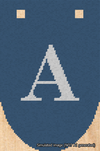 A simulated image of the stitched needlepoint design: Banner 18m Rounded A White on Blue. Not A.I. generated.
