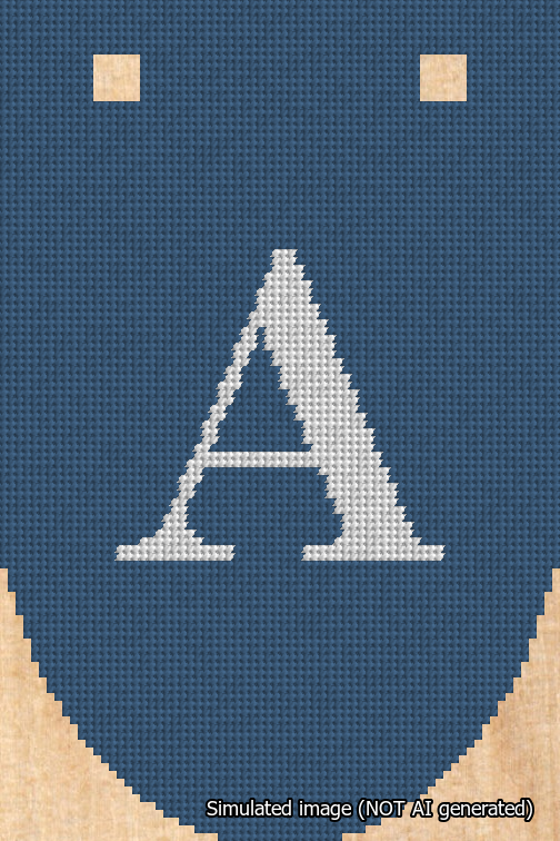 A simulated image of the stitched needlepoint design: Banner 18m Rounded A White on Blue. Not A.I. generated.