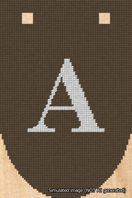 A simulated image of the stitched needlepoint design: Banner 18m Rounded A White on Brown. Not A.I. generated.