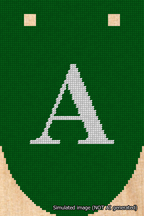 A simulated image of the stitched needlepoint design: Banner 18m Rounded A White on Green. Not A.I. generated.