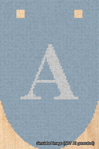 A simulated image of the stitched needlepoint design: Banner 18m Rounded A White on Light Blue. Not A.I. generated.