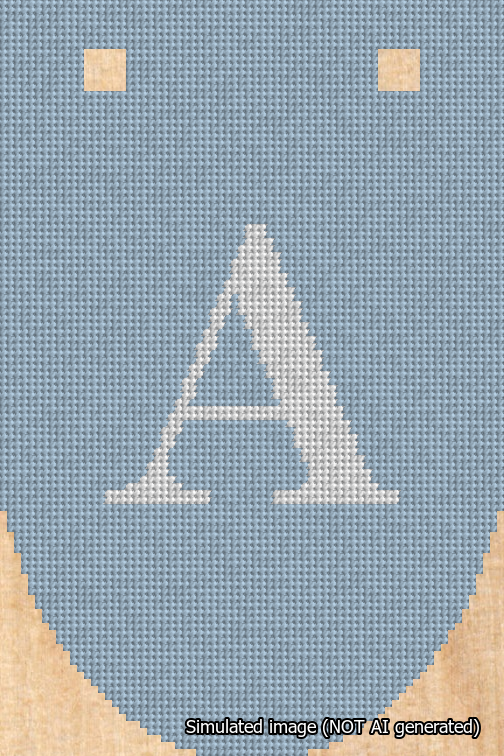 A simulated image of the stitched needlepoint design: Banner 18m Rounded A White on Light Blue. Not A.I. generated.