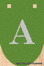 A simulated image of the stitched needlepoint design: Banner 18m Rounded A White on Light Green. Not A.I. generated.