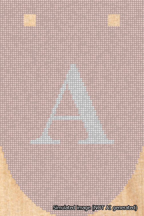 A simulated image of the stitched needlepoint design: Banner 18m Rounded A White on Pink. Not A.I. generated.
