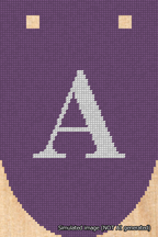 A simulated image of the stitched needlepoint design: Banner 18m Rounded A White on Purple. Not A.I. generated.