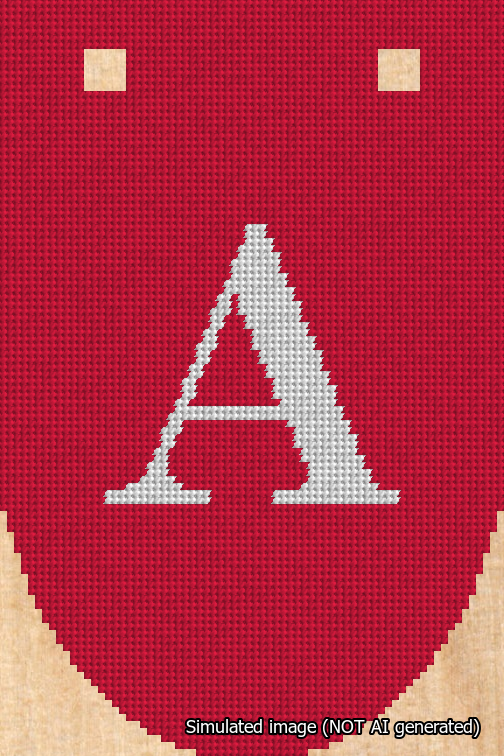 A simulated image of the stitched needlepoint design: Banner 18m Rounded A White on Red. Not A.I. generated.