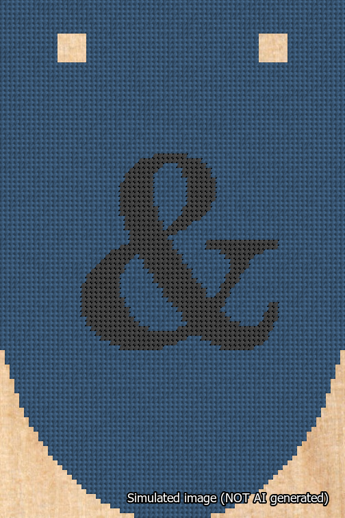 A simulated image of the stitched needlepoint design: Banner 18m Rounded Ampersand Black on Blue. Not A.I. generated.