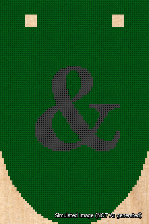 A simulated image of the stitched needlepoint design: Banner 18m Rounded Ampersand Black on Green. Not A.I. generated.