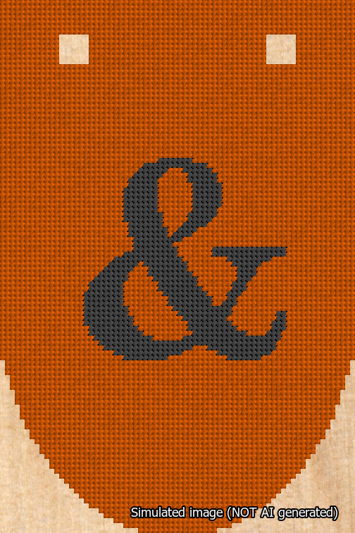 A simulated image of the stitched needlepoint design: Banner 18m Rounded Ampersand Black on Orange. Not A.I. generated.