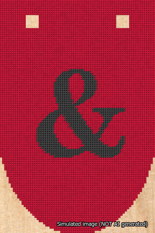 A simulated image of the stitched needlepoint design: Banner 18m Rounded Ampersand Black on Red. Not A.I. generated.
