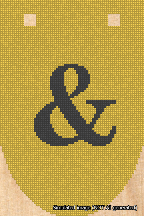 A simulated image of the stitched needlepoint design: Banner 18m Rounded Ampersand Black on Yellow. Not A.I. generated.