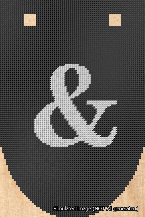 A simulated image of the stitched needlepoint design: Banner 18m Rounded Ampersand White on Black. Not A.I. generated.