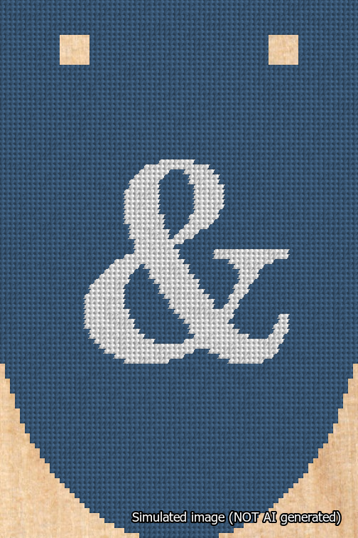 A simulated image of the stitched needlepoint design: Banner 18m Rounded Ampersand White on Blue. Not A.I. generated.