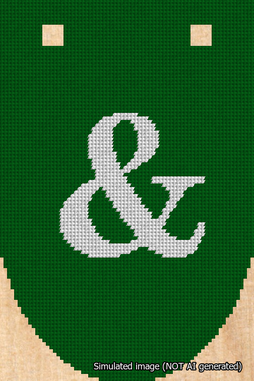 A simulated image of the stitched needlepoint design: Banner 18m Rounded Ampersand White on Green. Not A.I. generated.