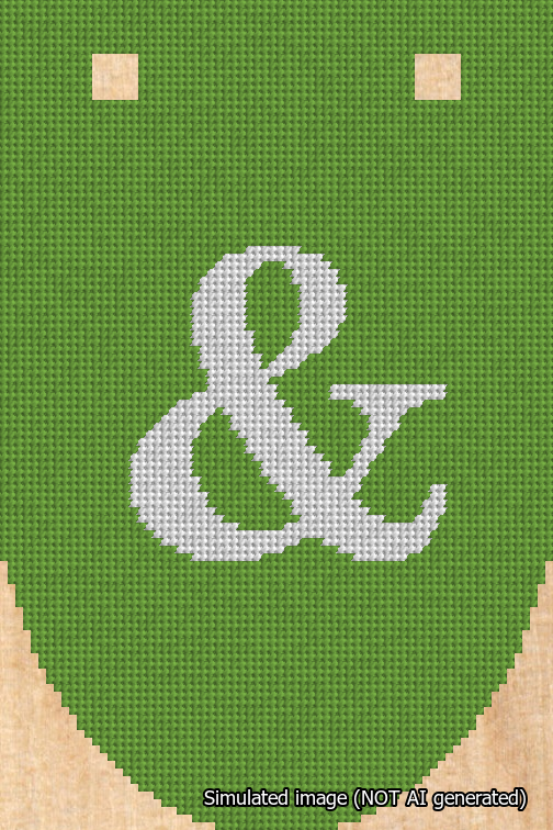 A simulated image of the stitched needlepoint design: Banner 18m Rounded Ampersand White on Light Green. Not A.I. generated.
